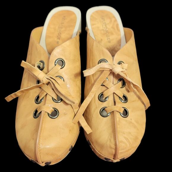 Kelsi Dagger Clogs Tan Leather Lace Up Wedge Wood Heel Mule Slip On Retro Size 9 - Picture 11 of 15
